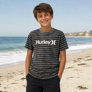 Hurley Boys Striped T Shirt Army Green Black Short Sleeve Casual Top L